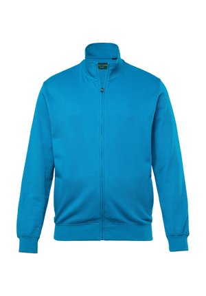 Chaqueta de cierre tipo sudadera en color turquesa con cuello alto, mangas largas y puños de canalé. Confeccionada en una tela suave sin patrones ni acentos visibles.