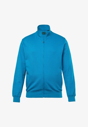 Tyrkysová zipová bunda se stojáčkem, dlouhými rukávy a žebrovanými manžetami. Vyrobena z hladkého materiálu bez viditelných vzorů nebo akcentů.