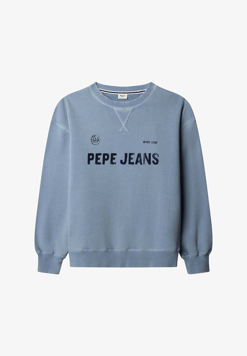 Lichtblauwe sweatshirt met geribbelde manchetten en zoom, voorzien van de tekst "PEPE JEANS" en "NEVER STOP" in donkerblauw. Casual ontwerp met een ronde hals.