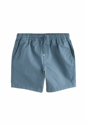 Jasnoniebieskie bawełniane szorty z elastycznym pasem, z zamknięciem na sznurek i dwiema bocznymi kieszeniami. Gładka tekstura i casualowy design.