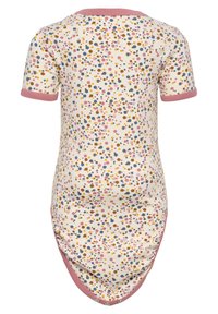 Kortärmad bodysuit i krämfärg med färgglatt prickmönster, rosa kant och tryckknappslås i botten; mjukt bomullstyg.