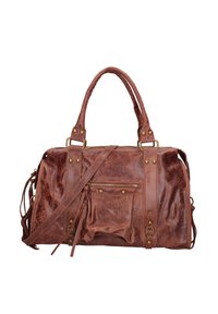 Borsa a mano in pelle marrone con dettagli in ottone, doppi manici, una tracolla removibile e una tasca anteriore con zip e frange.