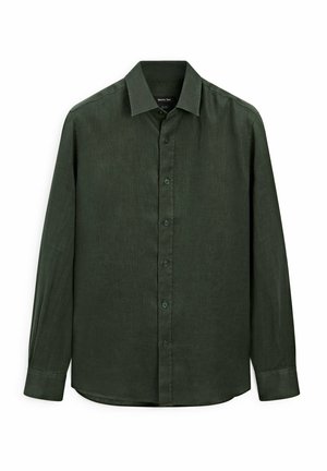 Mörkgrön långärmad skjorta i texturerad tyg, med klassisk krage, knappstängning framtill och rundad fåll.