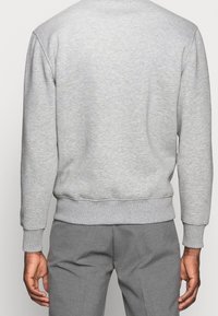 Felpa grigia con polsini e orlo a costine, con scollo tondo e tessuto strutturato, indossata sopra pantaloni grigi. Vista posteriore mostrata.