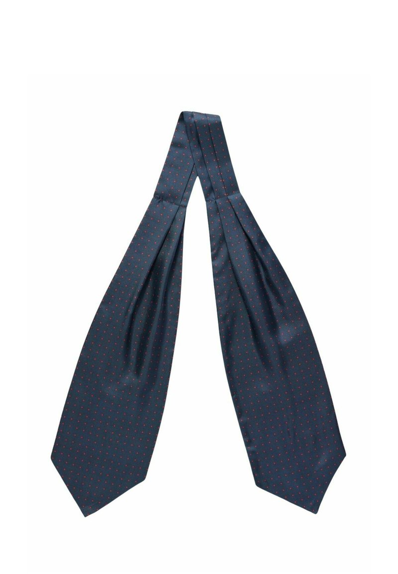 Laivansinisestä silkkisolmusta, jossa on sileä pinta, on pieniä punaisia pilkkuja järjestettynä kuvioksi, ja se kapenee päistä.