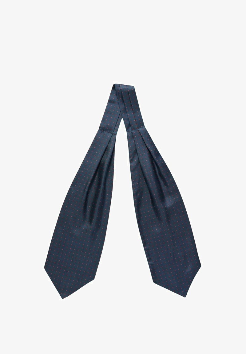 Mörkblå silkesslips med en slät textur, prydd med små röda prickar i ett mönster, som avsmalnar i ändarna.