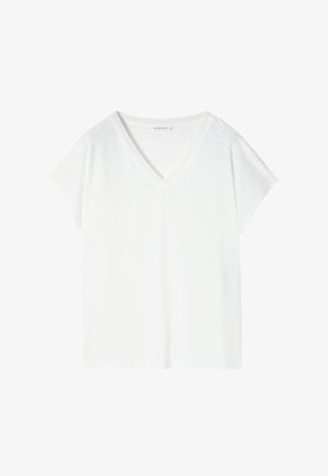 Biała, krótko rękawowa koszulka z dekoltem w kształcie V, wykonana z miękkiego materiału. Charakteryzuje się luźnym krojem oraz prostym, czystym designem bez wzorów lub akcentów.