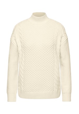 Pull en tricot de couleur crème avec un col montant, présentant des motifs texturés, un design en torsades sur les épaules, et des poignets et un ourlet côtelés.