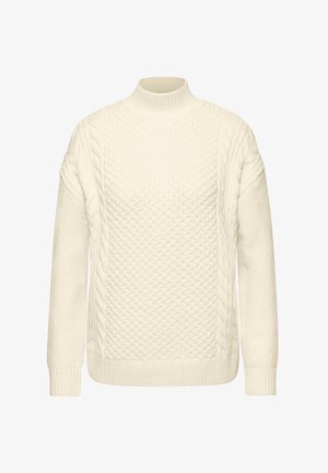 Pull en tricot de couleur crème avec un col montant, présentant des motifs texturés, un design en torsades sur les épaules, et des poignets et un ourlet côtelés.
