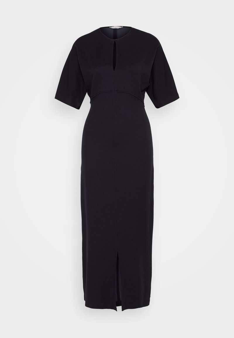 Schwarzes Midikleid mit kurzen Ärmeln, rundem Ausschnitt und einem Schlitz vorne. Hergestellt aus glattem Material mit tailliertem Oberteil und lockerem Bund.