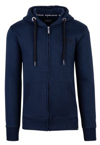 Marineblaue Zip-Hoodie aus weichem Material, mit Kapuze mit Kordelzug, vorderen Taschen, gerippten Bündchen und einem minimalistischen Logodetail.