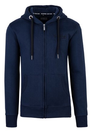 Navy zip-up hoodie made from soft fabric, featuring a drawstring hood, front pockets, ribbed cuffs, and a minimalist logo detail.
