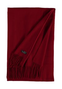 Sciarpa rossa realizzata in morbido tessuto, con bordi frangiati e un'etichetta del marchio nell'angolo. Texture liscia con un colore ricco e uniforme.