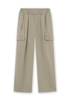 Beige wide-leg cargo pants with pleats, two large side pockets, elastic waistband, and two-button closure, made from smooth fabric.