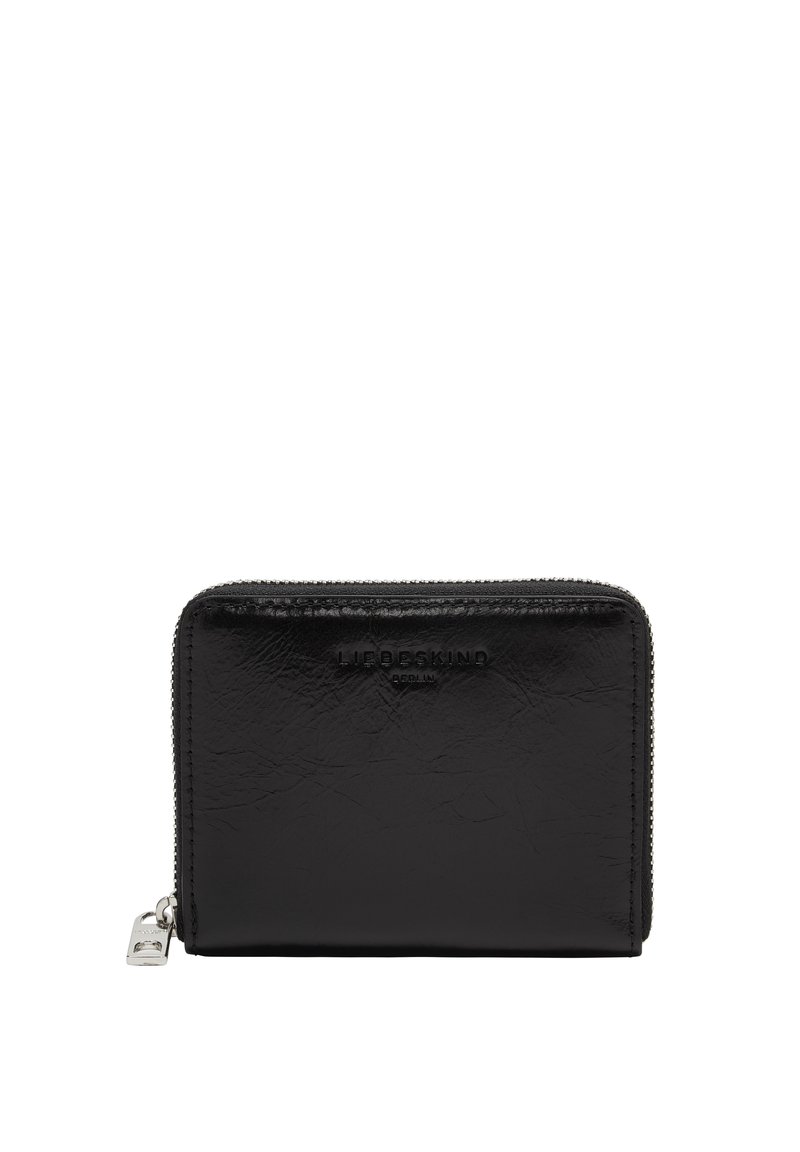 Portefeuille en cuir noir avec fermeture éclair, présentant une texture lisse et un logo en relief à l'avant. Design rectangulaire compact.