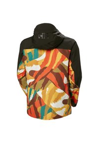 Bunte Outdoor-Jacke mit einer Mischung aus orangefarbenen, gelben, türkisfarbenen und braunen abstrakten Mustern. Schwarze Kapuze und Logo auf der Rückseite.