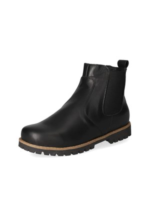 Bottine en cuir noir avec panneau latéral élastique, languette à l'arrière et semelle robuste avec bordure beige.