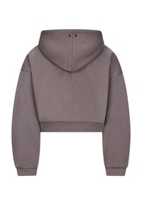 Felpa mauve accorciata con maniche lunghe, polsini e vita a coste, vista posteriore che mostra un piccolo logo nero al centro del cappuccio.