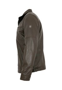 Brown leather jacket featuring a zip closure, stand collar, secure side pockets, and a subtle brand logo on the left shoulder.