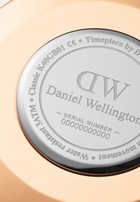 Caja de reloj plateada redonda con texto grabado, sobre un fondo de oro rosa. Muestra el nombre de la marca "Daniel Wellington" y el número de serie.