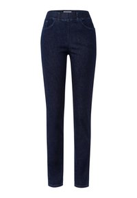 Pantaloni in denim blu scuro con vestibilità dritta, caratterizzati da due tasche frontali e un alto punto vita. Texture liscia, senza motivi o accenti visibili.