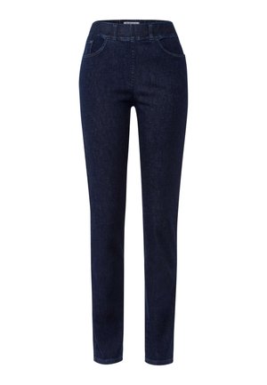 Pantalons en denim bleu foncé avec une coupe droite, comprenant deux poches avant et une taille haute. Texture lisse, sans motifs ni accents visibles.