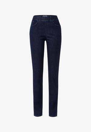 Dunkelblaue Jeans mit geradem Schnitt, ausgestattet mit zwei Fronttaschen und einem hohen Bund. Glatte Textur, ohne sichtbare Muster oder Akzente.