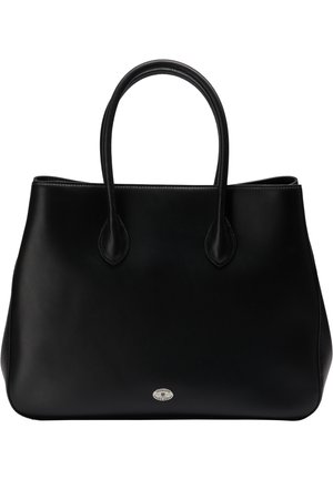 Sac fourre-tout en cuir noir avec deux poignées rondes et une petite plaque ovale argentée avec logo au centre avant.