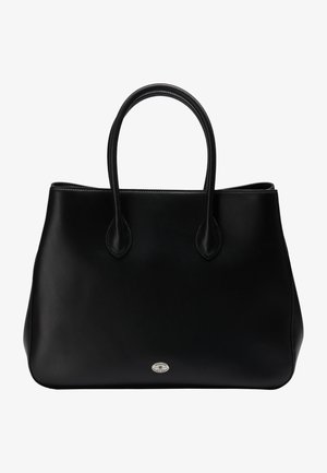 Sac fourre-tout en cuir noir avec deux poignées rondes et une petite plaque ovale argentée avec logo au centre avant.