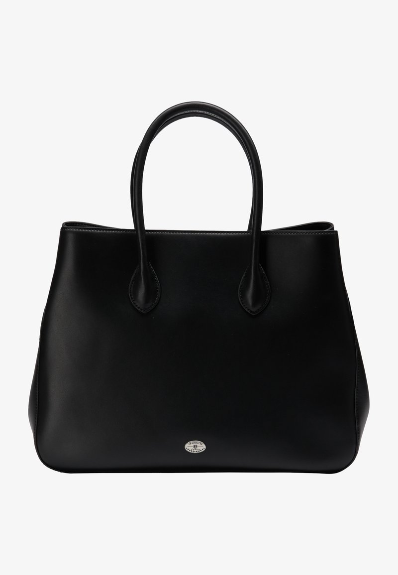 Sac fourre-tout en cuir noir avec deux poignées rondes et une petite plaque ovale argentée avec logo au centre avant.