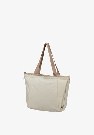 Beige Stofftasche mit braunen Trägern, die eine weiche, glatte Textur aufweist, und eine große, rechteckige Form mit seitlichen Nähten für zusätzliche Stabilität.