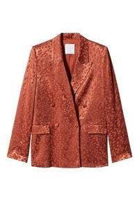 Blazer croisé couleur rouille avec motif à pois texturé, larges revers, deux poches avant à rabat et manches longues.