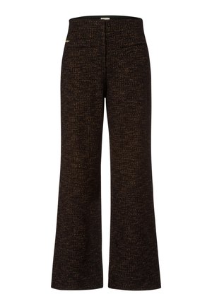 Pantaloni neri a gamba larga in un tessuto testurizzato con venature dorate, dotati di una vita a media altezza e due tasche frontali.