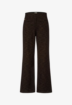 Black wide-leg trousers with a textured fabric that includes gold flecks, featuring a mid-rise waistband and two front pockets.