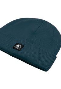 Teal knitted beanie with ribbed texture, featuring a folded cuff and a square black logo patch labeled "PROTEST."