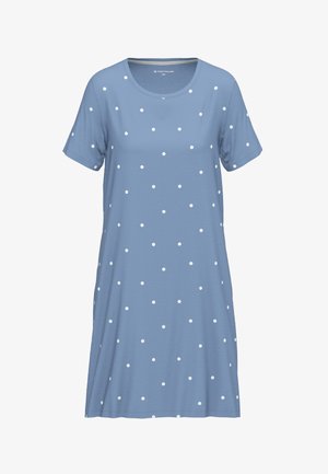 Robe t-shirt bleu clair avec col rond, manches courtes et pois blancs. Fabriquée dans un tissu doux avec une coupe décontractée.