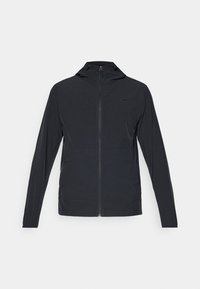 Veste noire légère zippée avec capuche, manches longues, poches latérales et petit logo Nike sur le côté gauche de la poitrine.