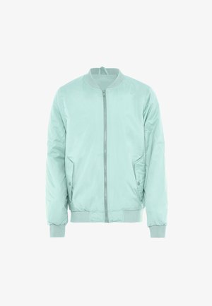 Giacca bomber verde menta chiaro realizzata in tessuto morbido, con zip frontale, colletto a costine e polsini a costine, oltre a tasche laterali.