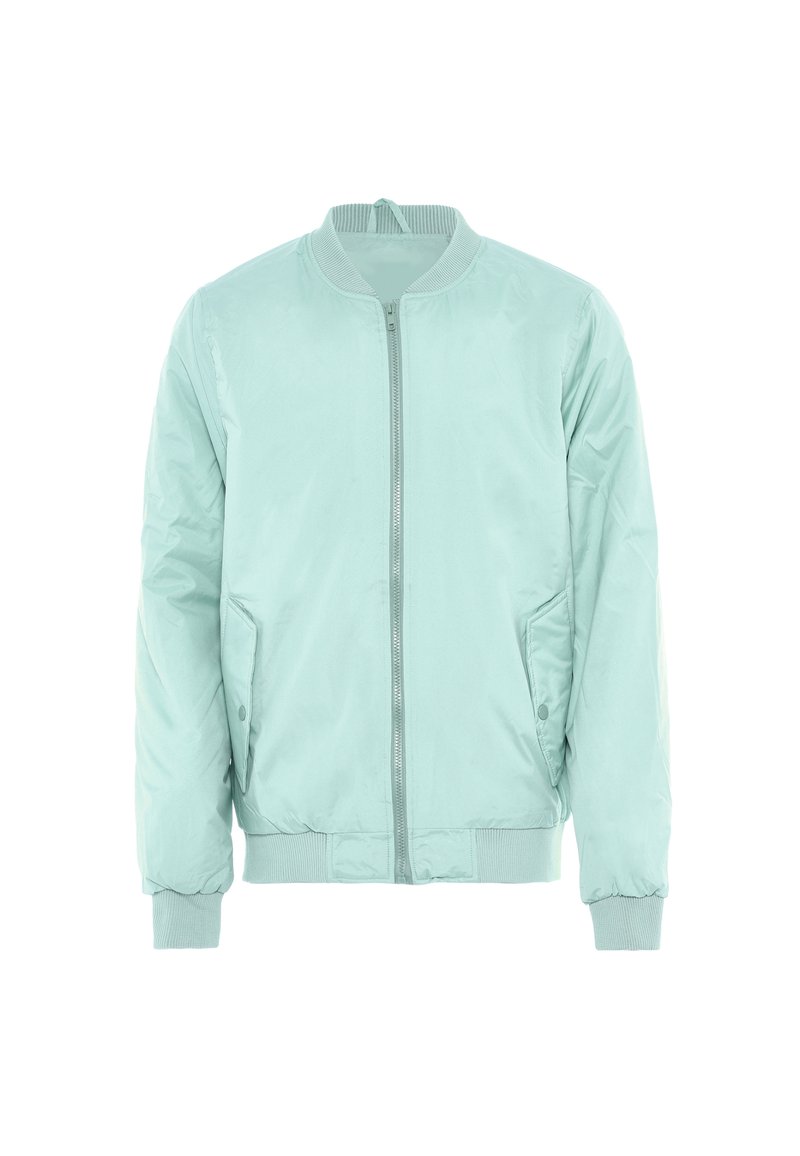 Giacca bomber verde menta chiaro realizzata in tessuto morbido, con zip frontale, colletto a costine e polsini a costine, oltre a tasche laterali.