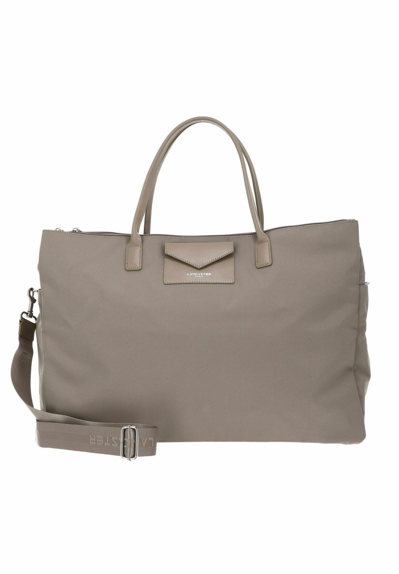 Borsa a spalla in nylon grigio con due manici superiori e una tracolla rimovibile. Presenta una chiusura centrale con zip e un accento del logo frontale.