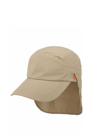 Beige sun hat with a wide front brim and long neck flap for extra sun protection, displayed against a white background.