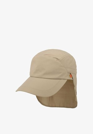 Beige sun hat with a wide front brim and long neck flap for extra sun protection, displayed against a white background.