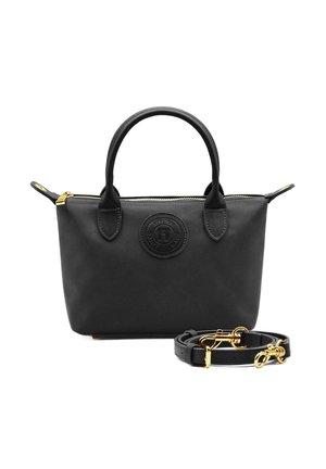 Sac fourre-tout noir en tissu texturé, doté de poignées doubles, d'une bandoulière détachable, de quincaillerie en ton doré et d'un accent de logo circulaire.