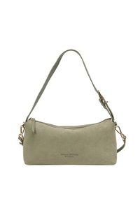 Grüne Wildleder-Schultertasche mit einem Reißverschluss, verstellbarem Riemen und goldfarbenen Beschlägen. Klare Linien und ein minimalistisches Design.