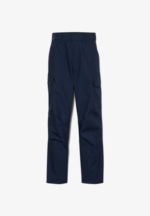 Navy cargo pants made of durable fabric, featuring two side pockets, a button closure, and a straight leg design with reinforced knees.