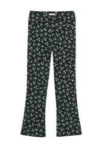 Uitlopende broek van zwarte stof met een bloemenpatroon en mintgroene accenten. Zachte textuur, elastische tailleband voor comfort.