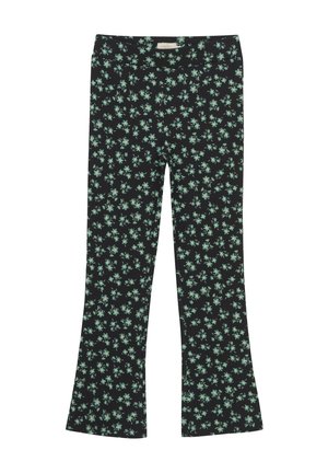 Pantalons évasés en tissu noir présentant un motif floral avec des accents vert menthe. Texture douce, taille élastique pour le confort.