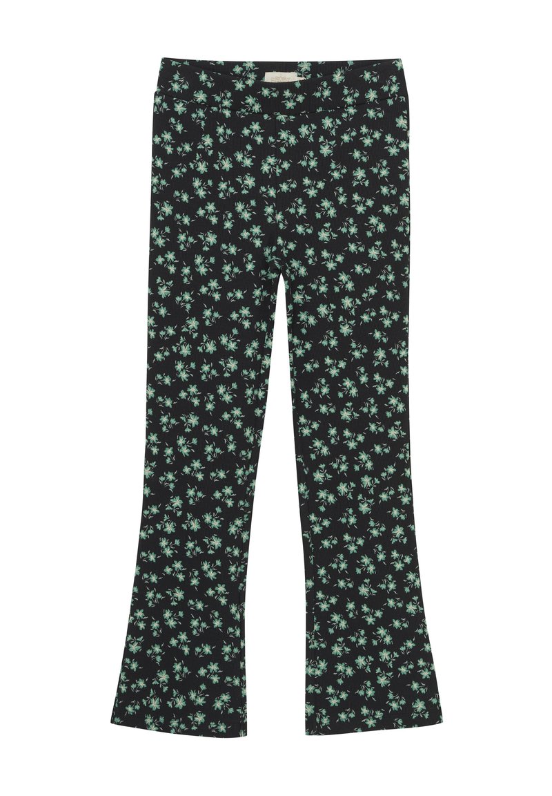 Uitlopende broek van zwarte stof met een bloemenpatroon en mintgroene accenten. Zachte textuur, elastische tailleband voor comfort.