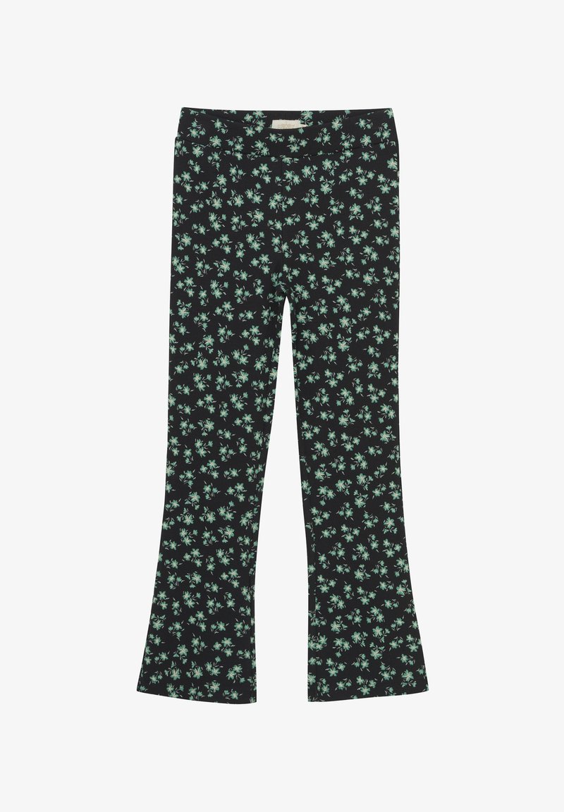Uitlopende broek van zwarte stof met een bloemenpatroon en mintgroene accenten. Zachte textuur, elastische tailleband voor comfort.
