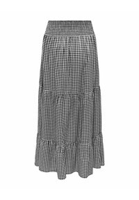 Jupe midi à volants en vichy noir et blanc, à volants superposés, avec une ceinture élastique et des détails froncés.